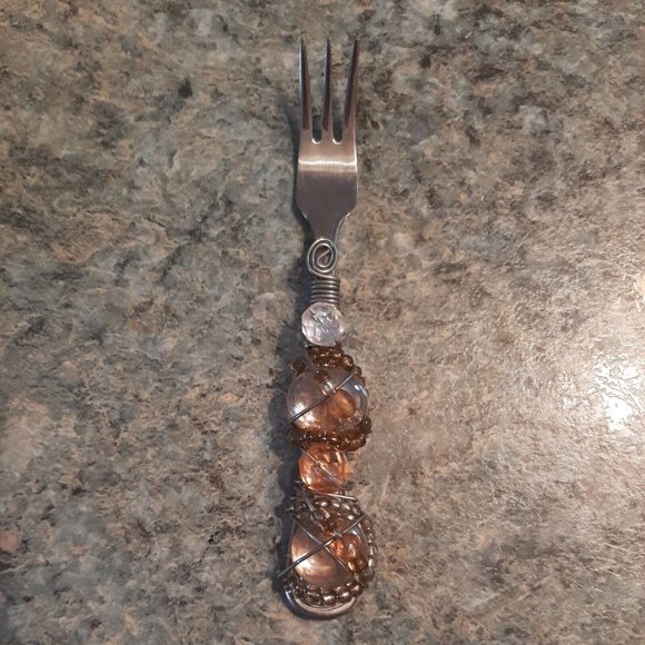 2 Jeweled Beaded Wire Hors d'Oeuvre Utensil Knife Fork Stainless Appetizer Amber - Picture 4 of 9